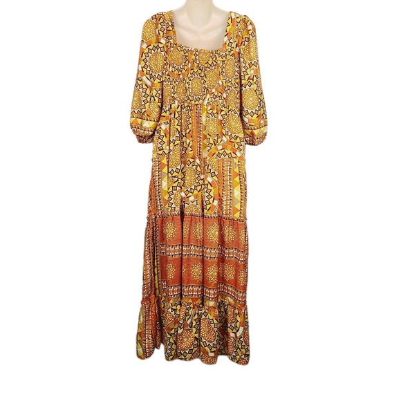Me 2 Magic Anthropologie Sunburst Print Maxi Dress Puff Sleeve Lightweight‎ L - Picture 2 of 11